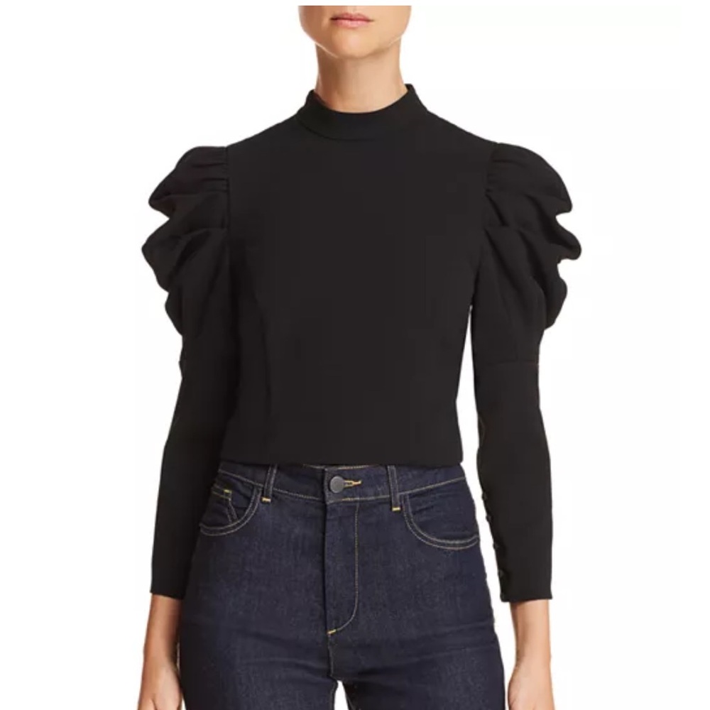 Alice + Olivia Brenna Black Puff-Sleeve Mock Neck Top